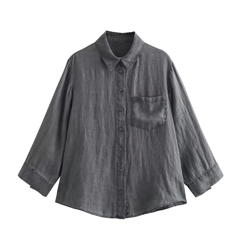 shirt Linen Theresa Long Sleeve Solid Grey 