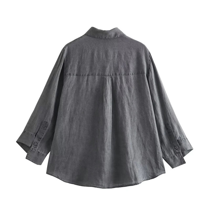 Linen Theresa Long Sleeve Solid Grey Coord Set shirt backside