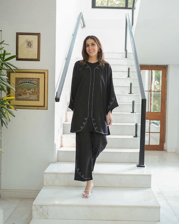 Embroidery Black Italian Cotton Viscose Blend Co-Ord Set