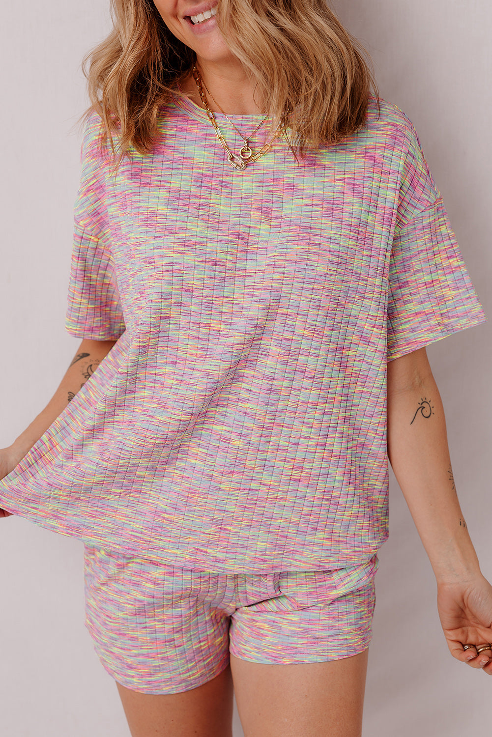 Women’s Multicolor Textured Print Short Sleeve Top and Shorts Set