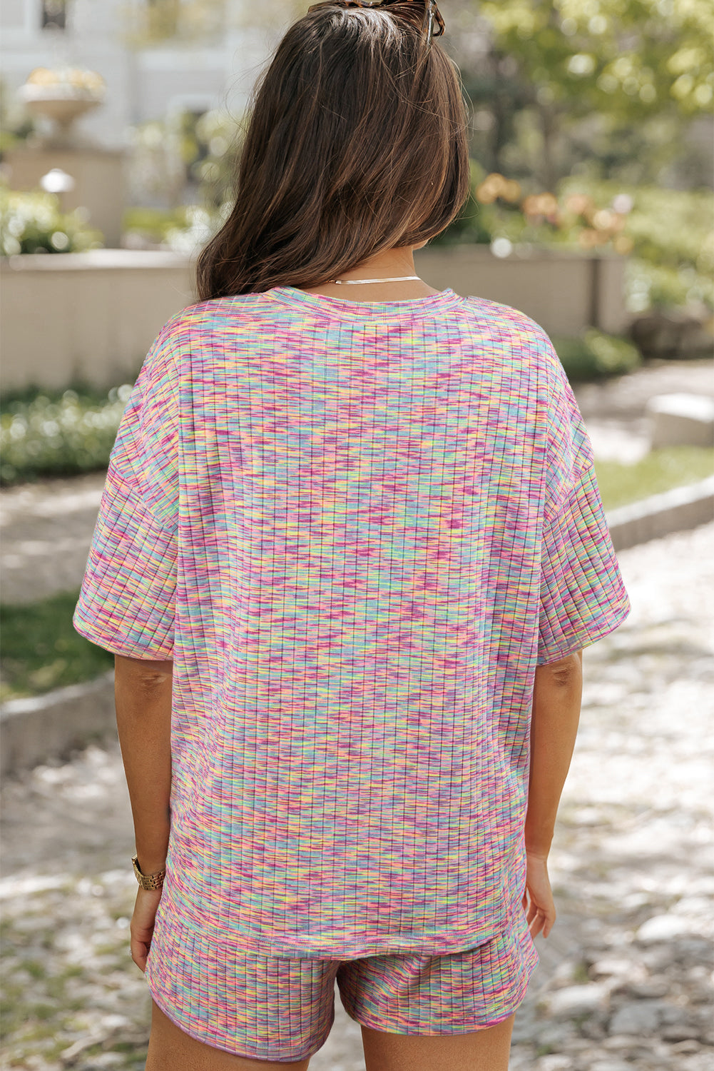 Women’s Multicolor Textured Print Short Sleeve Top and Shorts Set