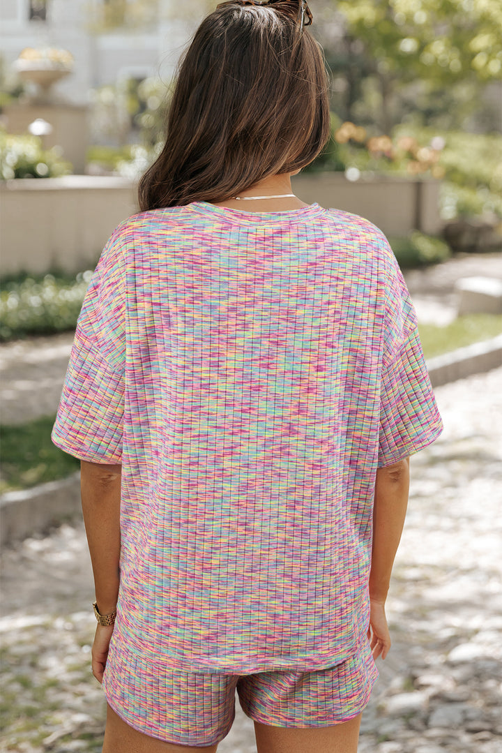 Women’s Multicolor Textured Print Short Sleeve Top and Shorts Set