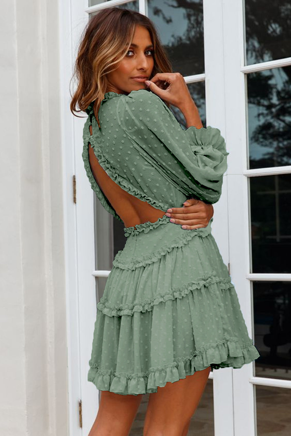 Green Layered Ruffled Open Back Puff Sleeve Swiss Dot Mini Dress