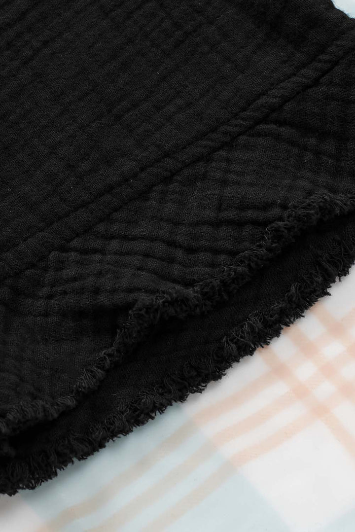 Black Frayed Batwing Sleeve Textured Cotton Blouse