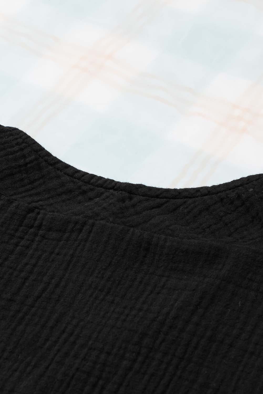 Black Frayed Batwing Sleeve Textured Cotton Blouse
