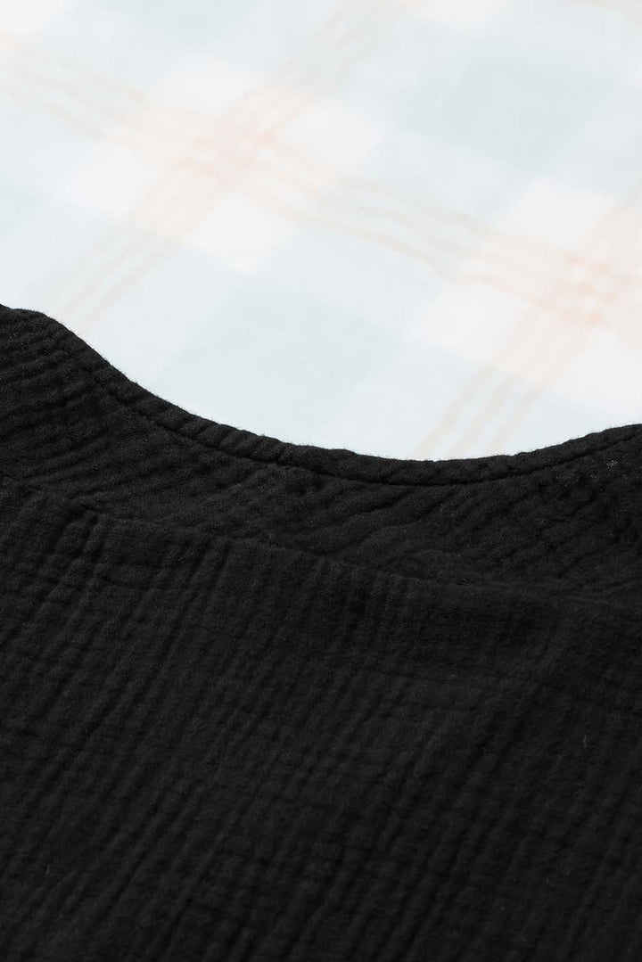 Black Frayed Batwing Sleeve Textured Cotton Blouse
