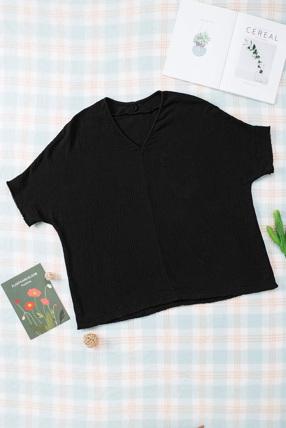 Black Frayed Batwing Sleeve Textured Cotton Blouse