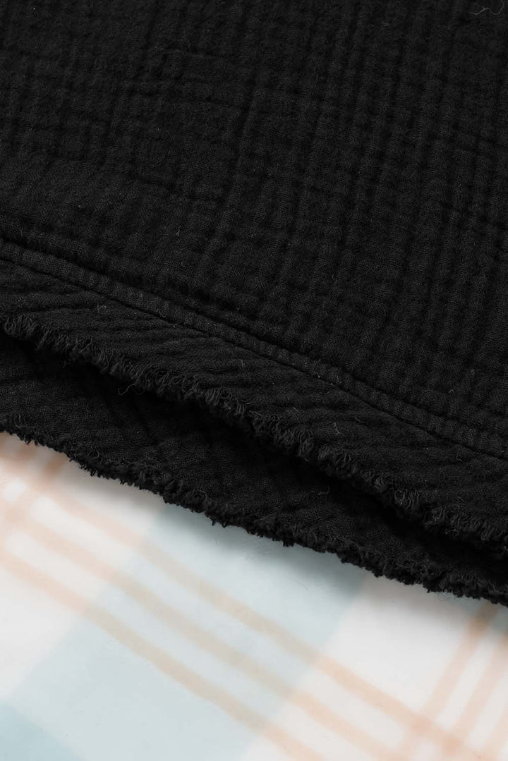 Black Frayed Batwing Sleeve Textured Cotton Blouse