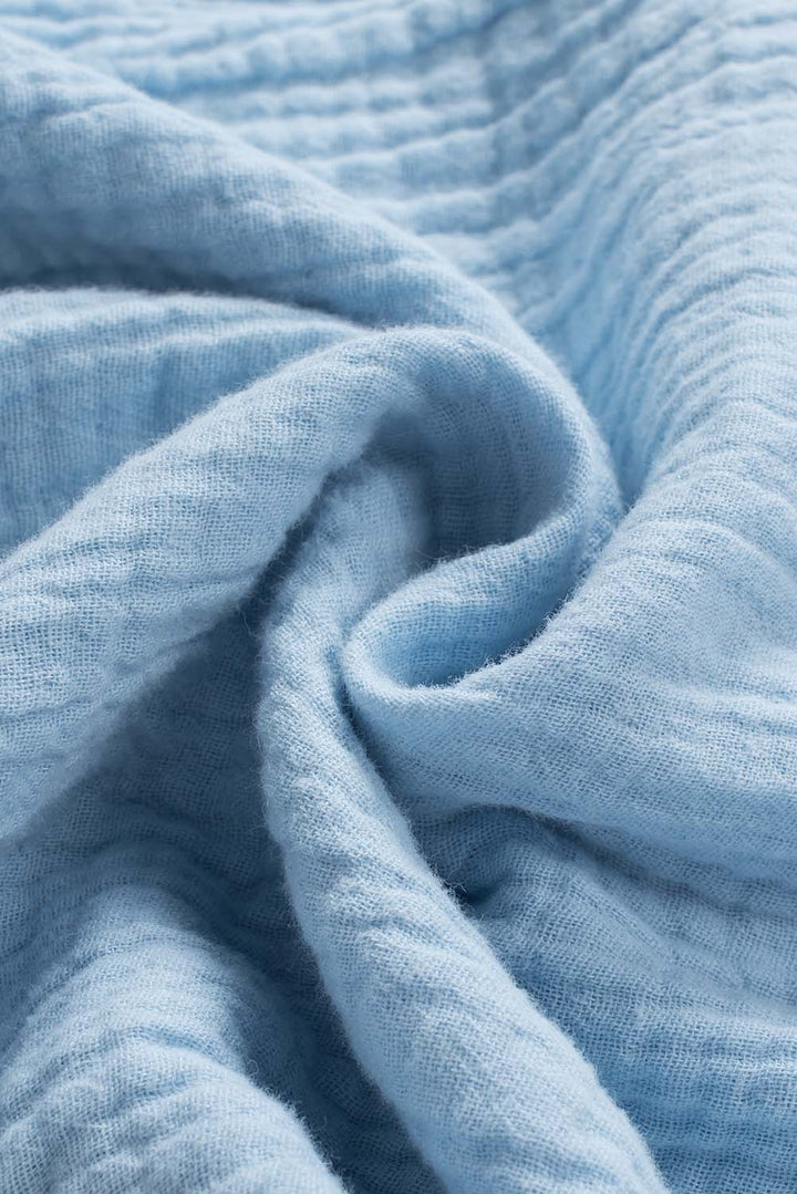 Blue Frayed Batwing Sleeve Textured Cotton Blouse
