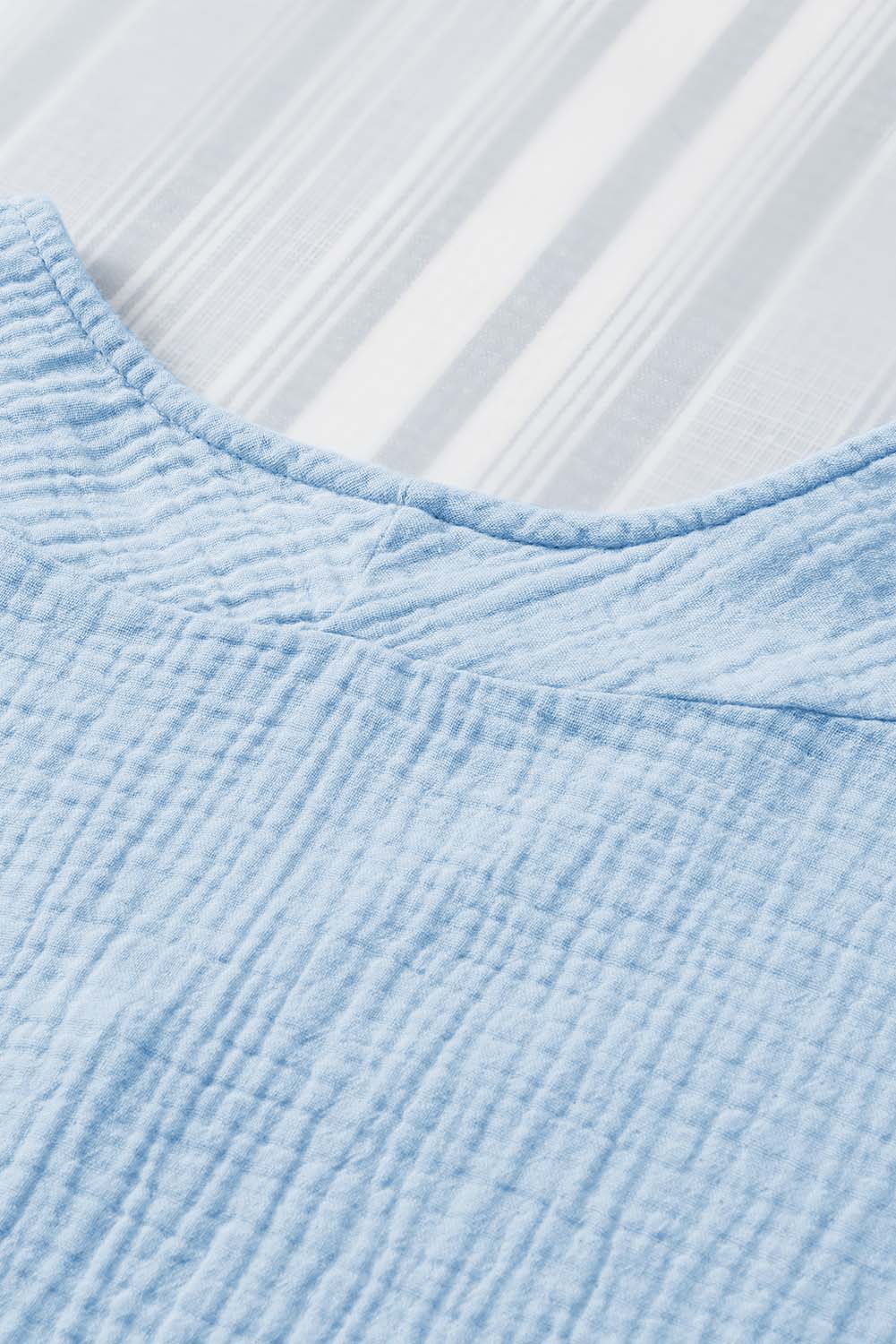 Blue Frayed Batwing Sleeve Textured Cotton Blouse