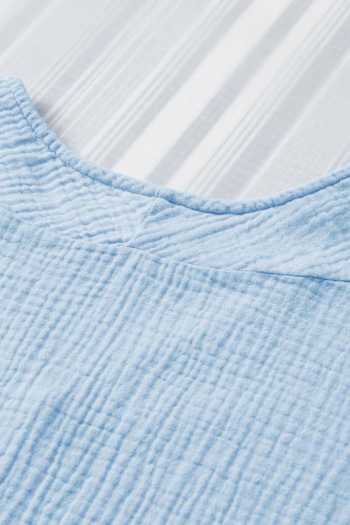 Blue Frayed Batwing Sleeve Textured Cotton Blouse