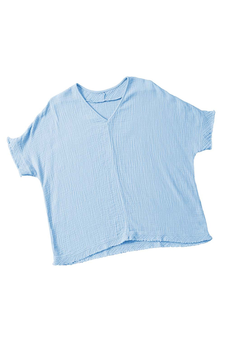 Blue Frayed Batwing Sleeve Textured Cotton Blouse