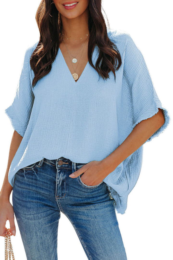 Blue Frayed Batwing Sleeve Textured Cotton Blouse