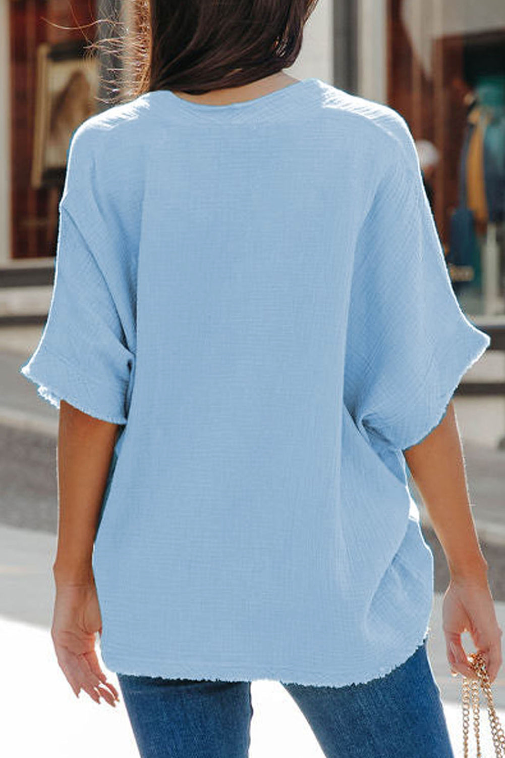 Blue Frayed Batwing Sleeve Textured Cotton Blouse