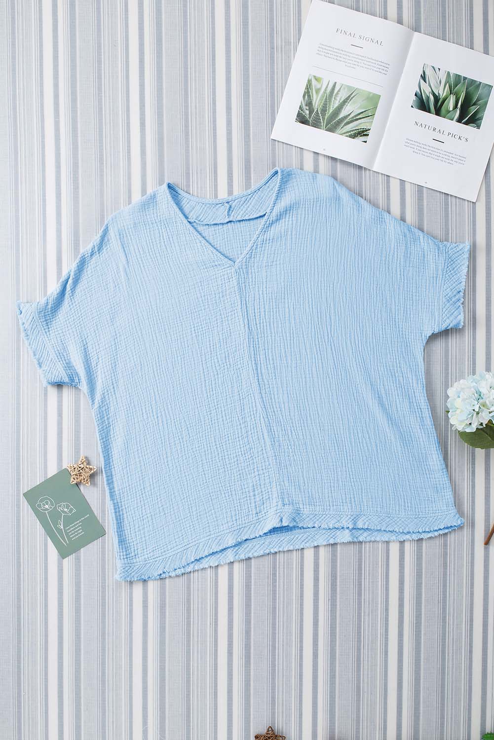 Blue Frayed Batwing Sleeve Textured Cotton Blouse