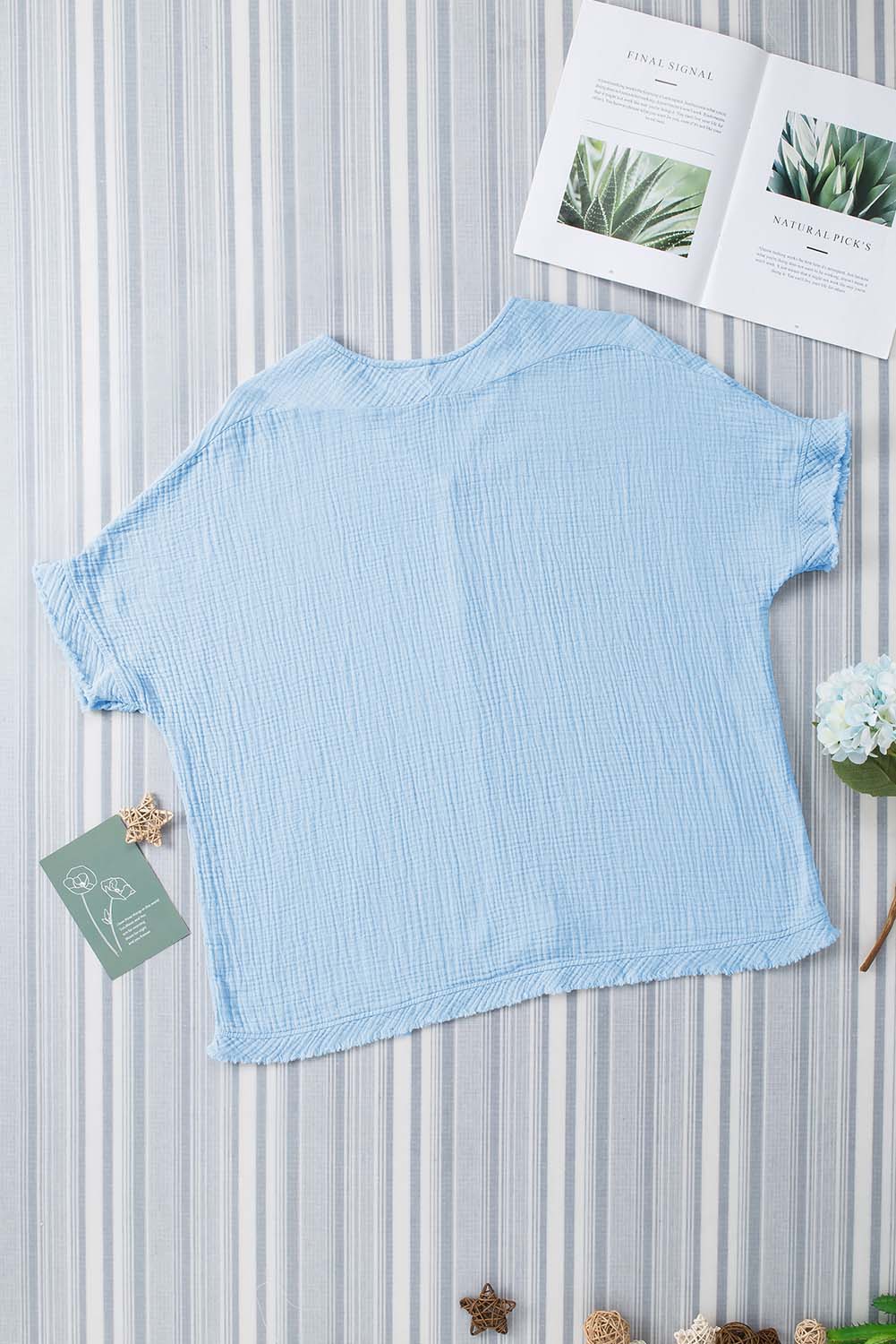 Blue Frayed Batwing Sleeve Textured Cotton Blouse