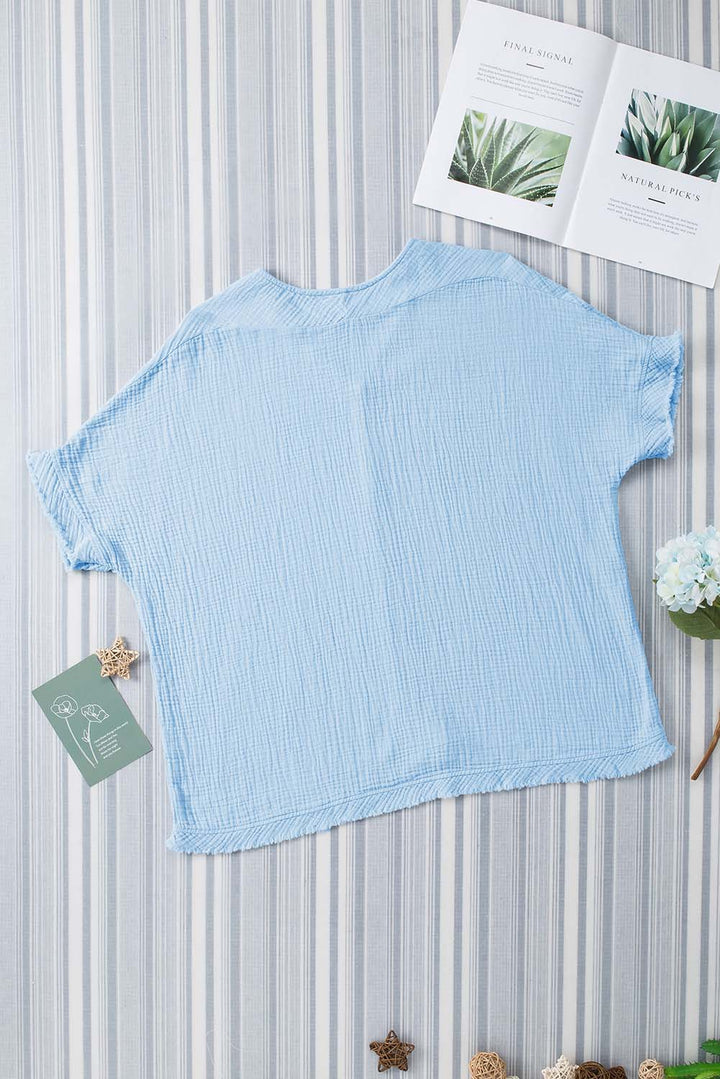 Blue Frayed Batwing Sleeve Textured Cotton Blouse