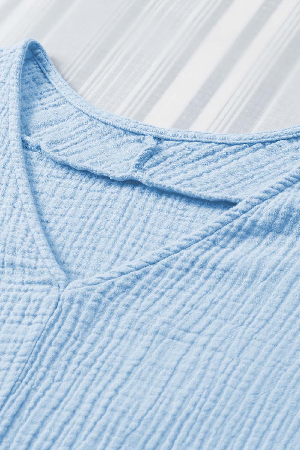 Blue Frayed Batwing Sleeve Textured Cotton Blouse