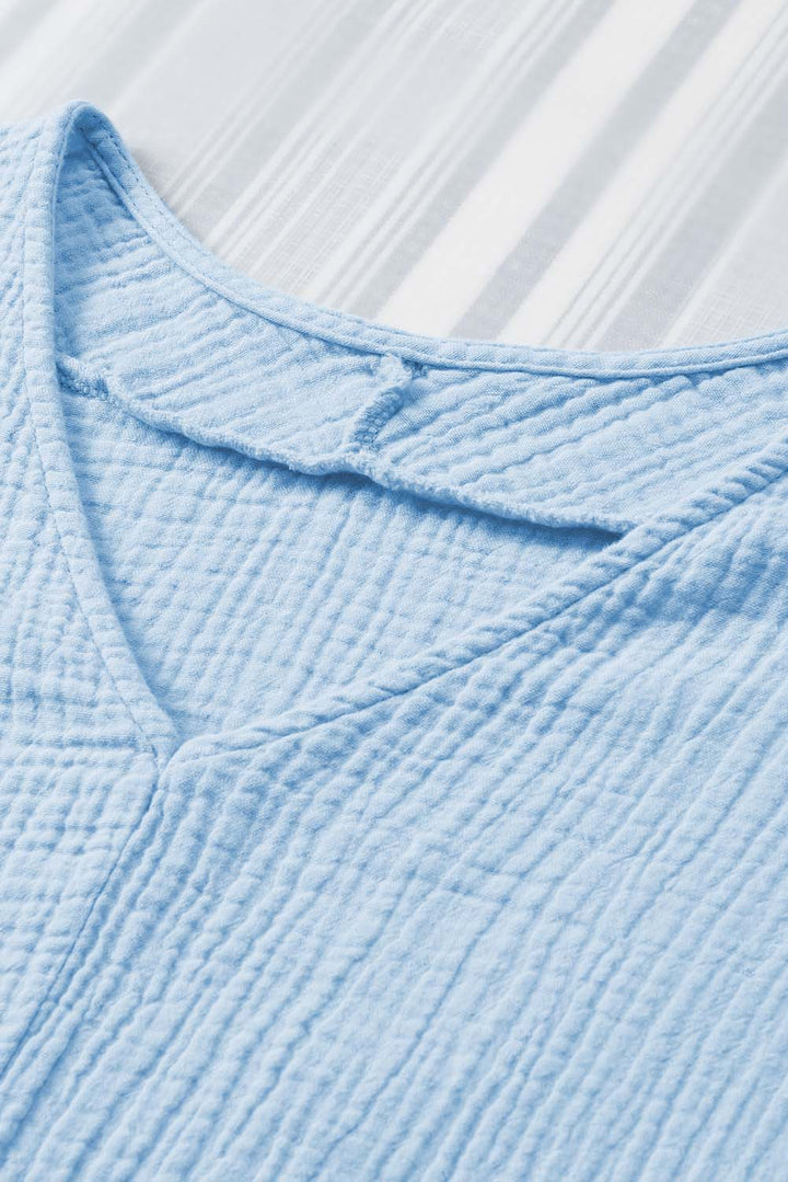 Blue Frayed Batwing Sleeve Textured Cotton Blouse