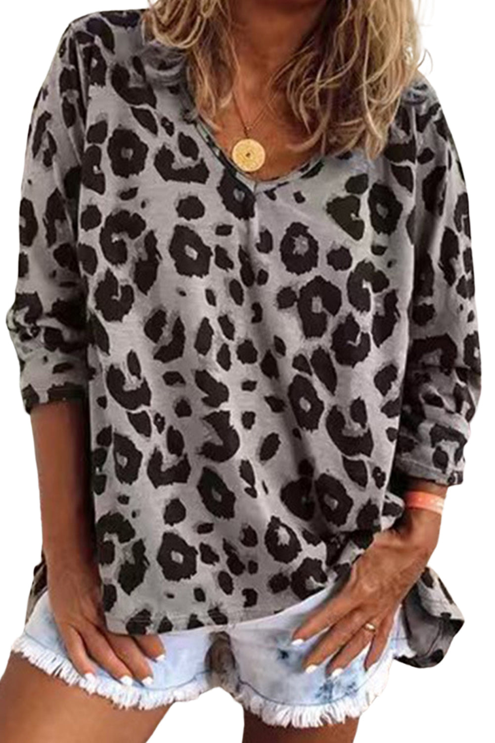 Gray Leopard Split Joint V Neck Long Sleeve Top