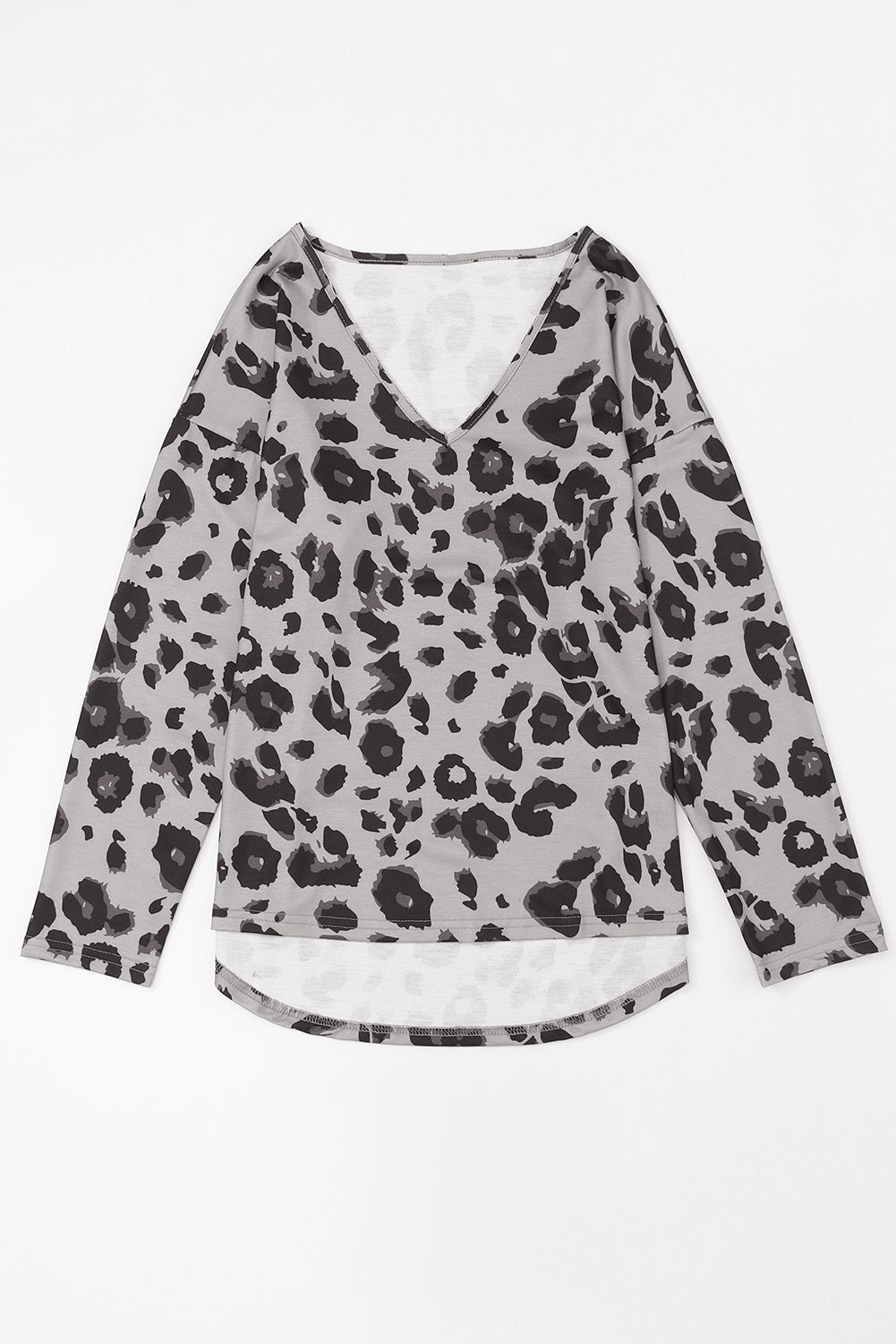 Gray Leopard Split Joint V Neck Long Sleeve Top