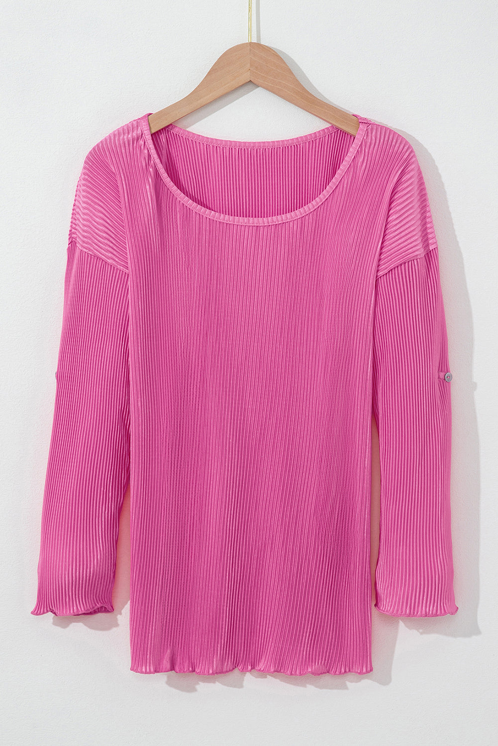 Rose Pleated Texture Roll Tab Sleeve Blouse