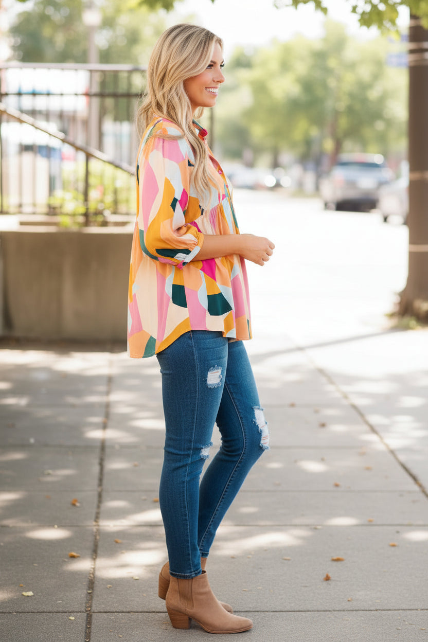 Women’s Multicolor Geometric Print Button-Front Peplum Top with Puff Sleeves