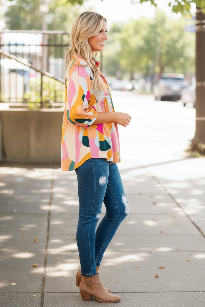 Women’s Multicolor Geometric Print Button-Front Peplum Top with Puff Sleeves