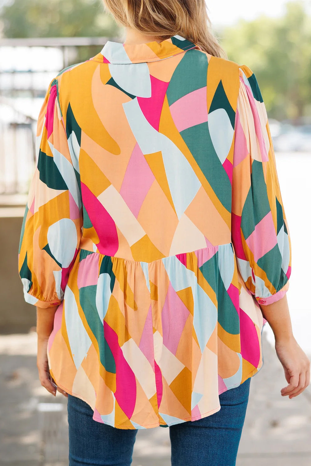 Women’s Multicolor Geometric Print Button-Front Peplum Top with Puff Sleeves