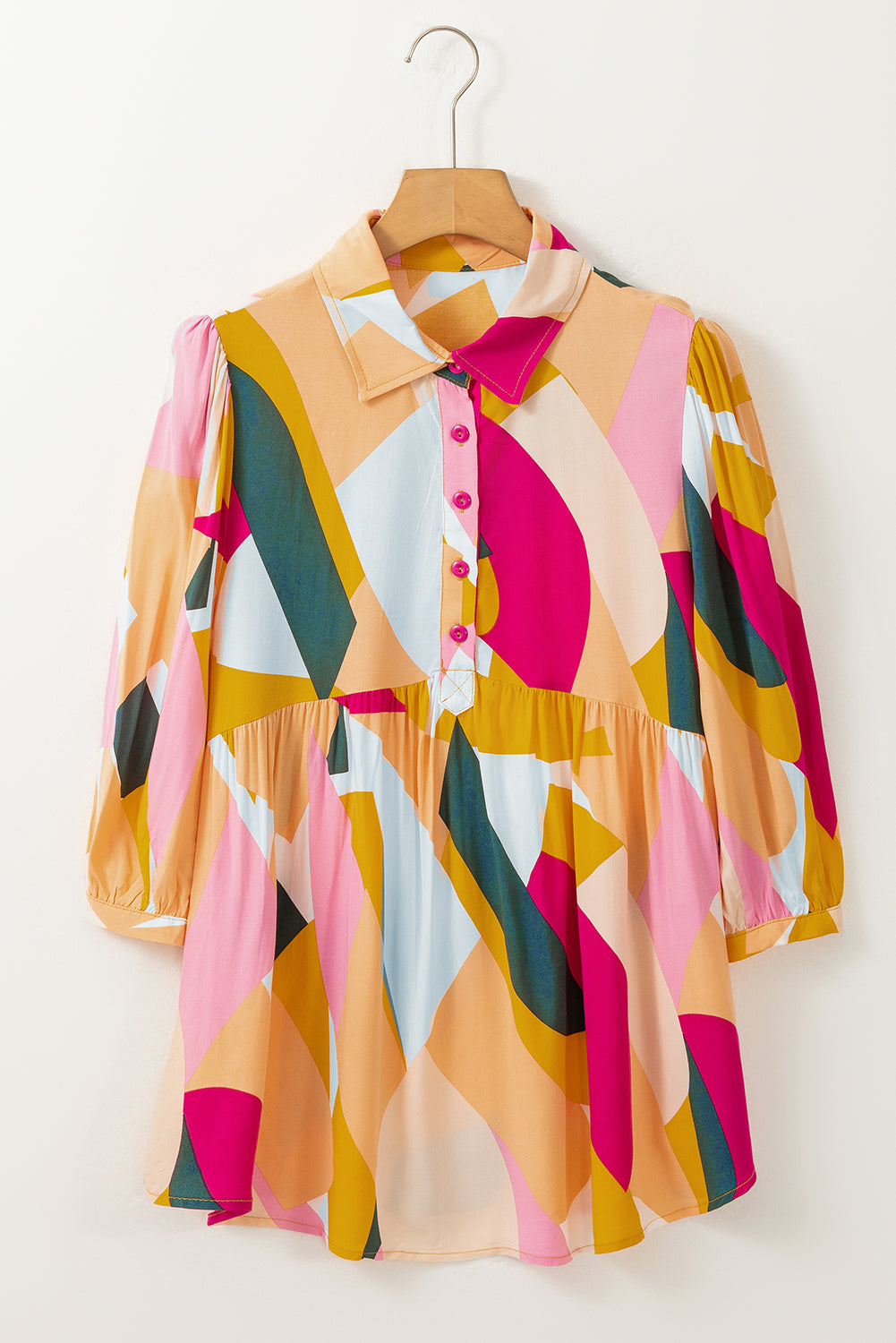 Women’s Multicolor Geometric Print Button-Front Peplum Top with Puff Sleeves