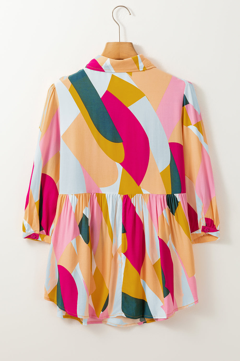 Women’s Multicolor Geometric Print Button-Front Peplum Top with Puff Sleeves