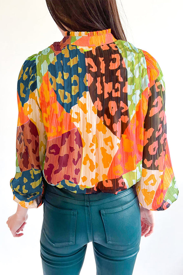 Orange Leopard Patchwork Print Pleated Blouse | Women