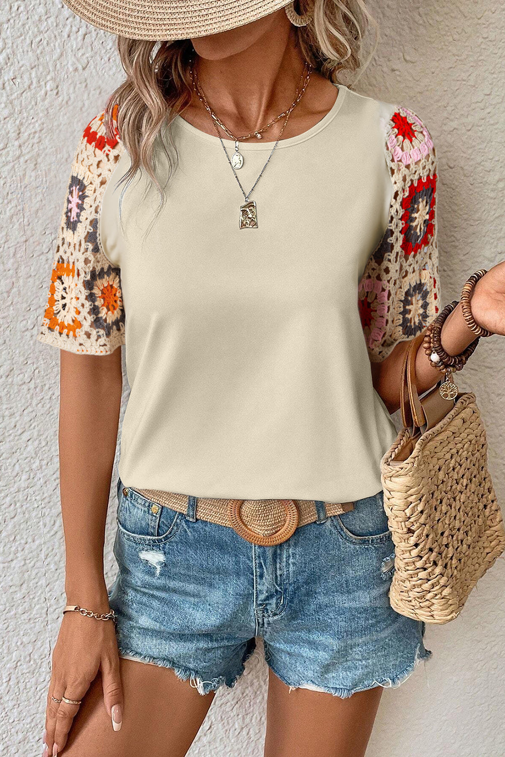 Parchment Floral Crochet Short Sleeve Top | Women