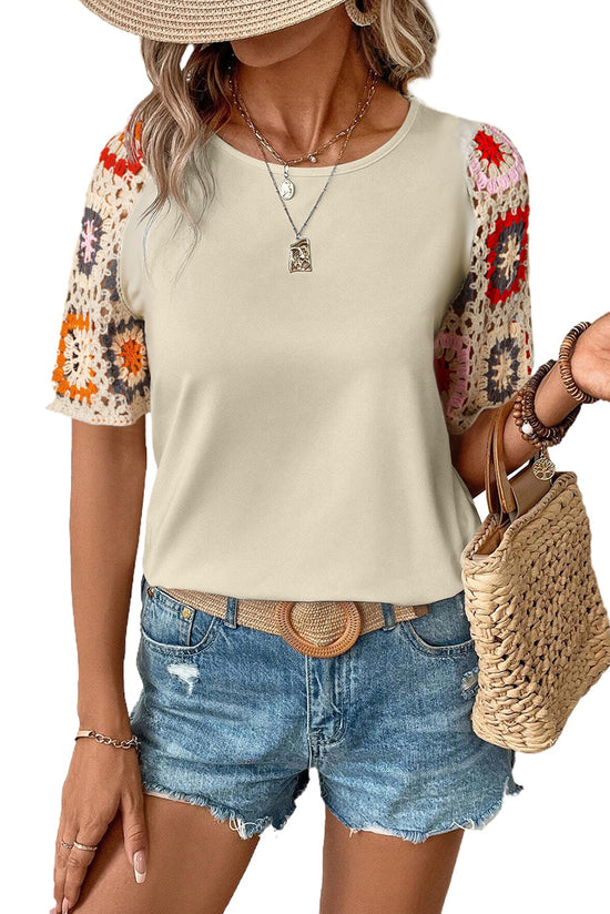 Parchment Floral Crochet Short Sleeve Top | Women