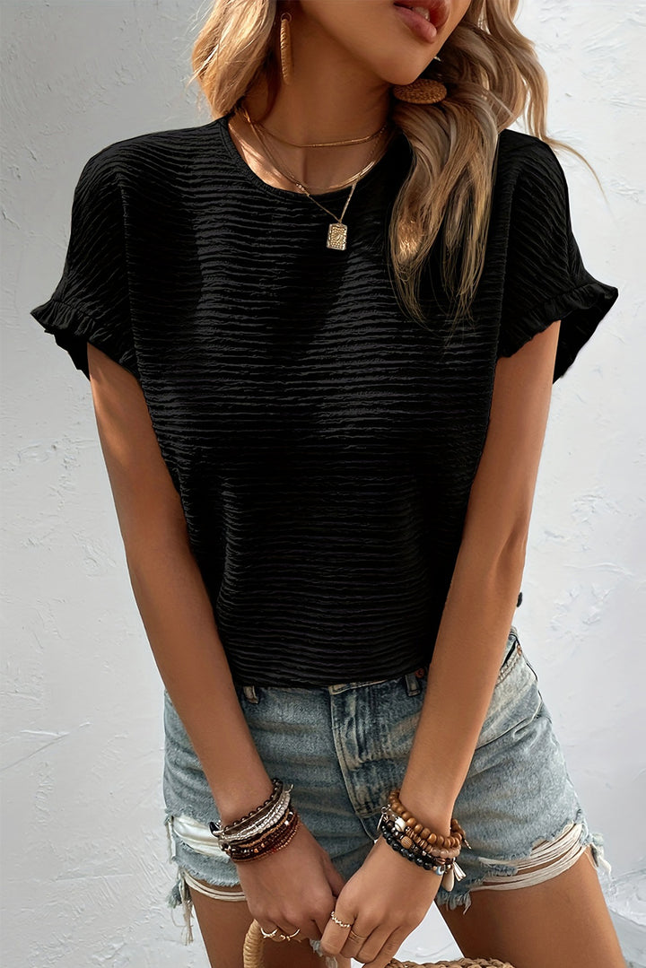 Black Textured Short Sleeve Casual T-Shirt