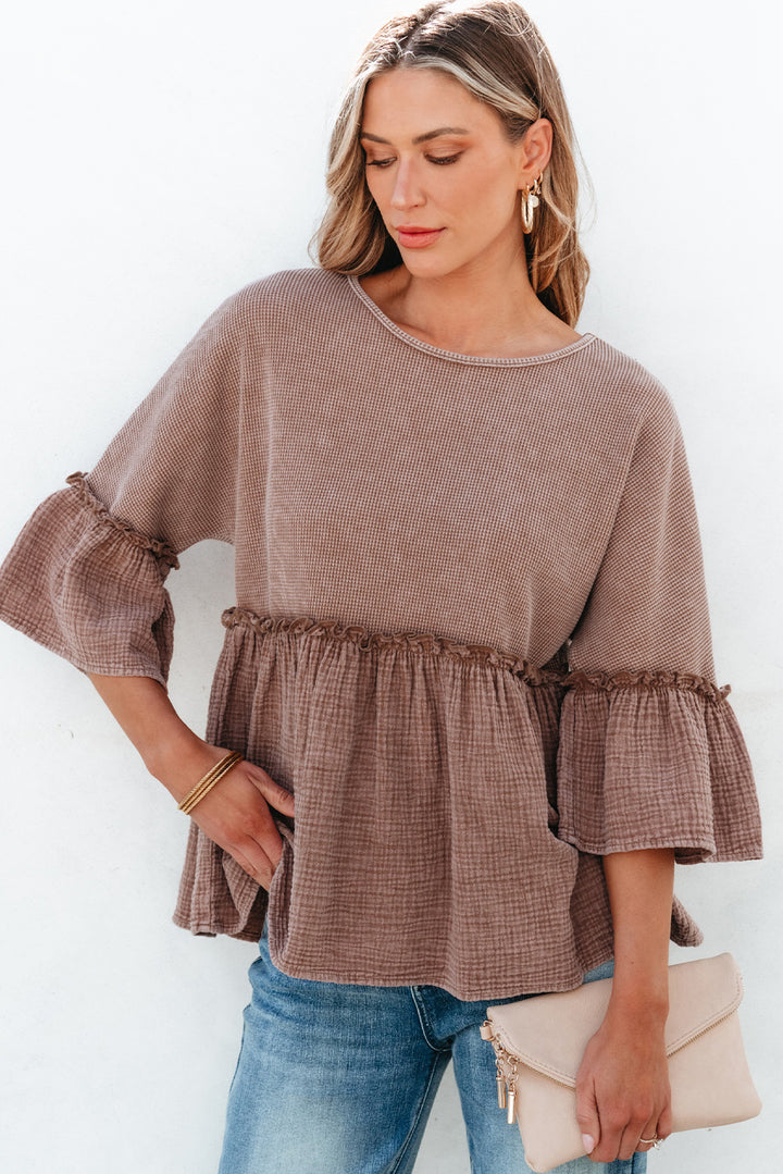 Multicolor 3/4 Ruffled Sleeve Textured Peplum Top | Women