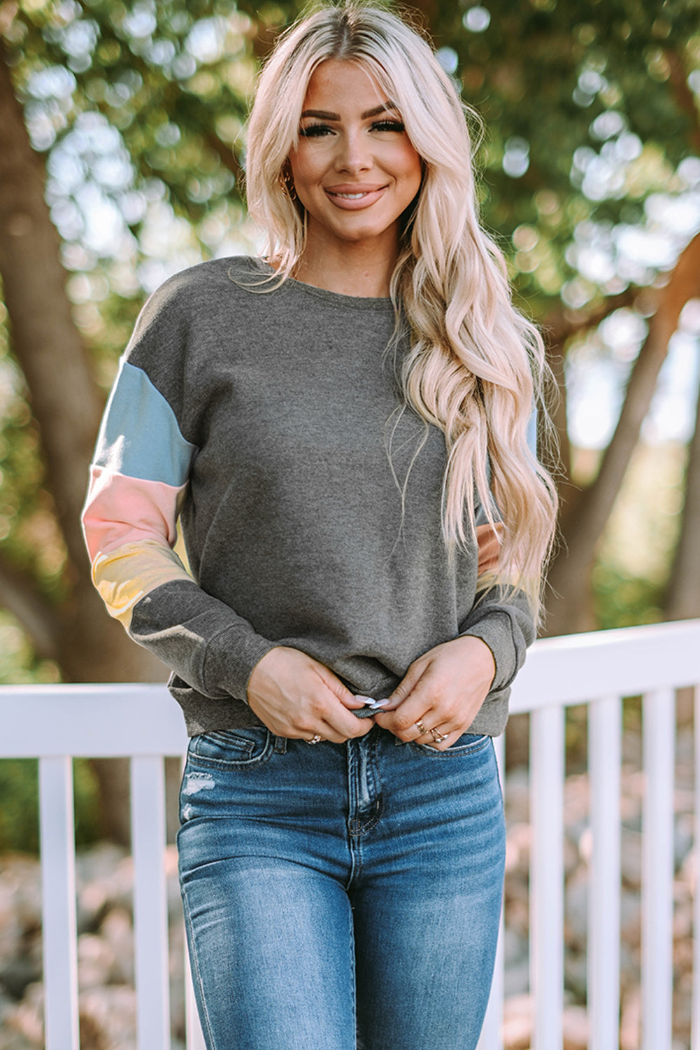 Women’s Grey Casual Sweatshirt with Multicolor Color-Block Sleeves