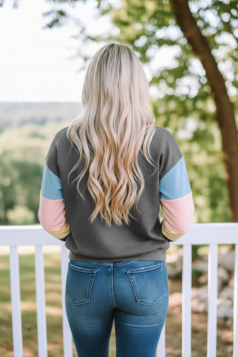 Women’s Grey Casual Sweatshirt with Multicolor Color-Block Sleeves