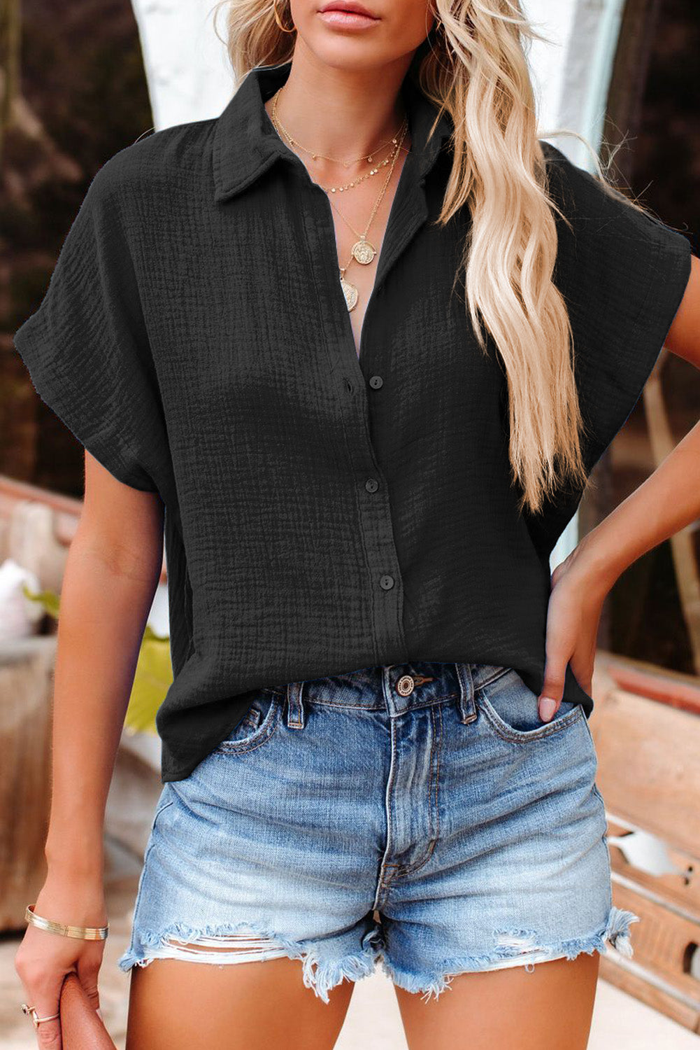 Cotton Crinkle Cotton Loose Short Sleeve Shirt