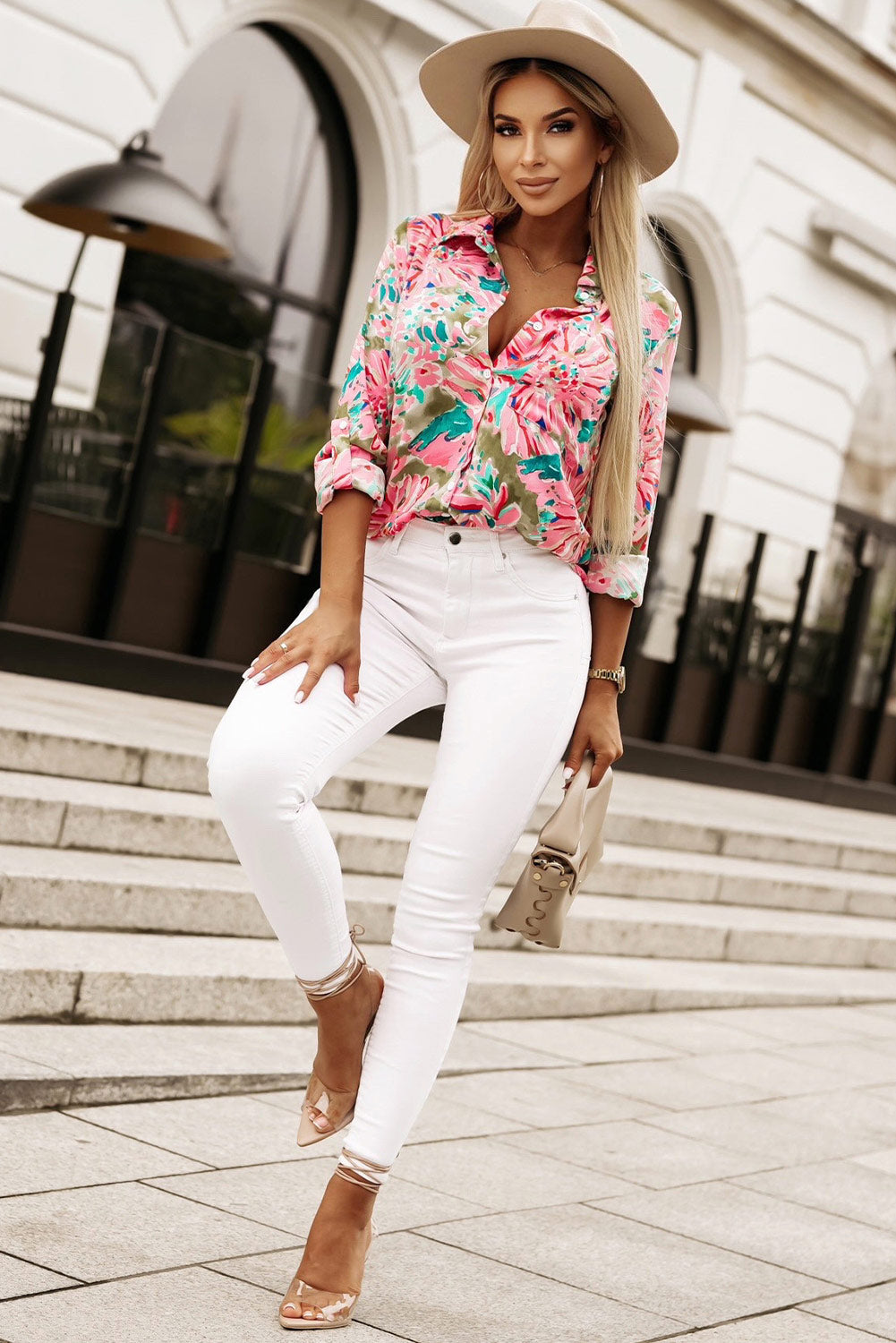 Pink and Green Abstract Floral Print Buttoned Sheath Long Sleeve Shirt