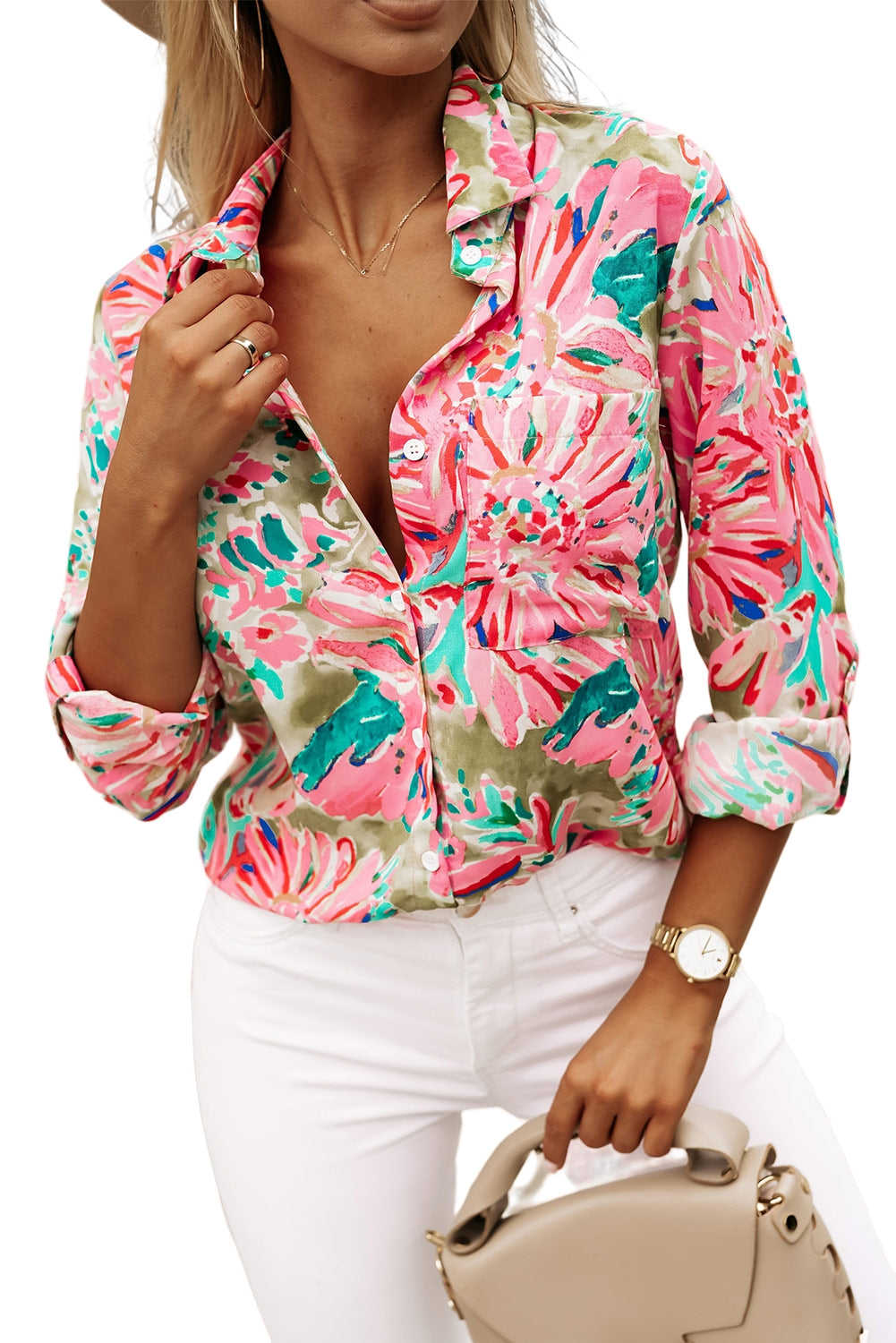 Pink and Green Abstract Floral Print Buttoned Sheath Long Sleeve Shirt