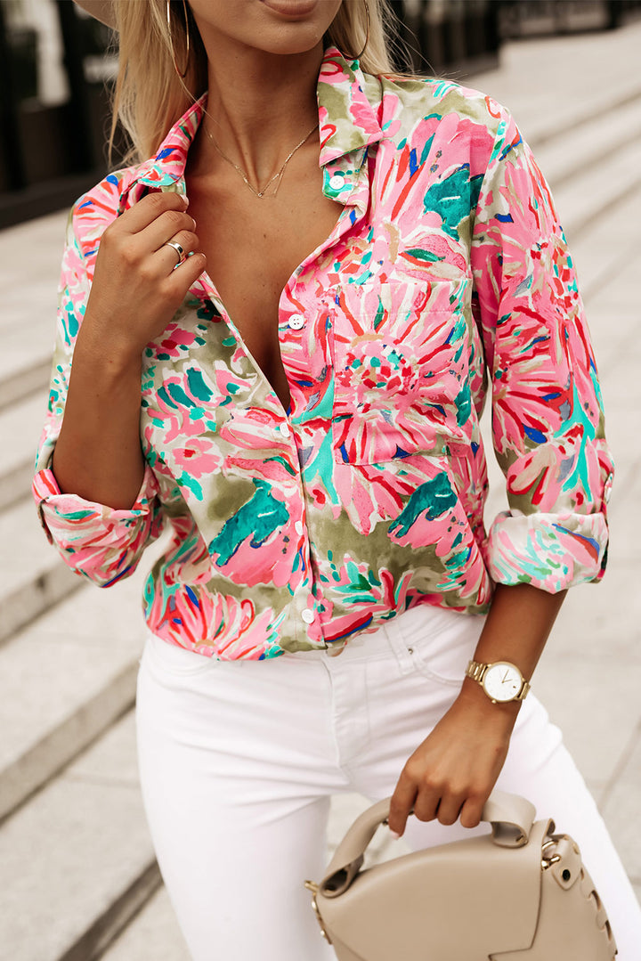 Pink and Green Abstract Floral Print Buttoned Sheath Long Sleeve Shirt