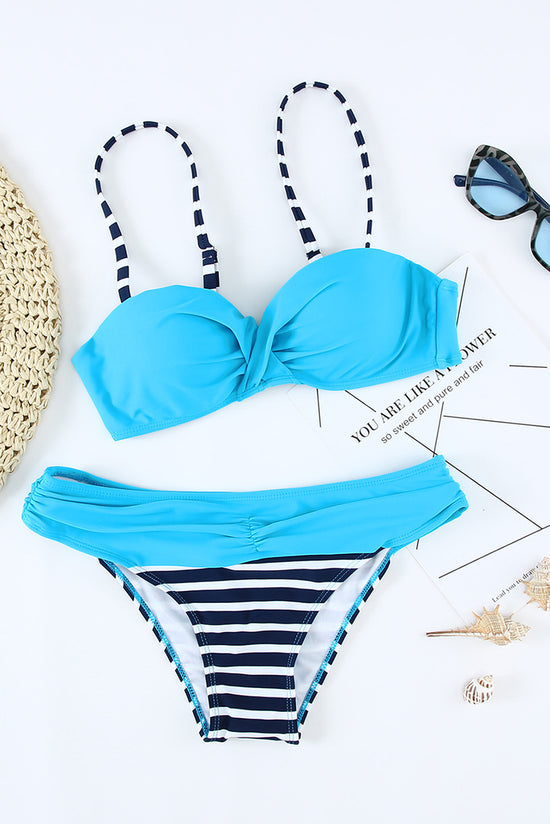 Striped Blue Padded Gather Push-up Bikini Set