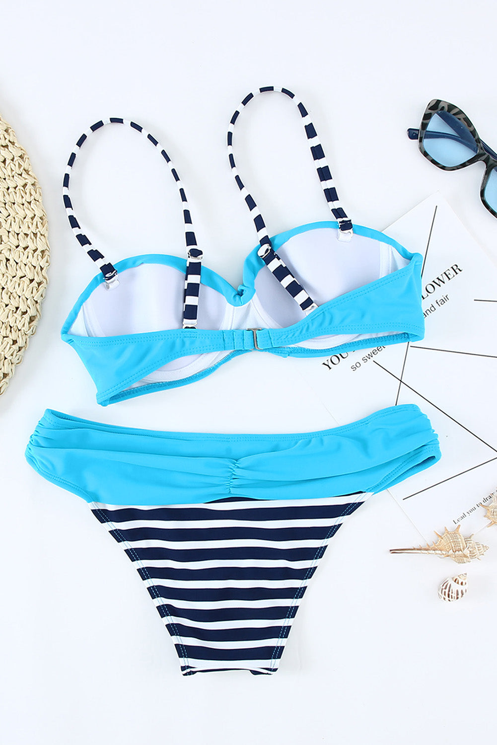 Striped Blue Padded Gather Push-up Bikini Set