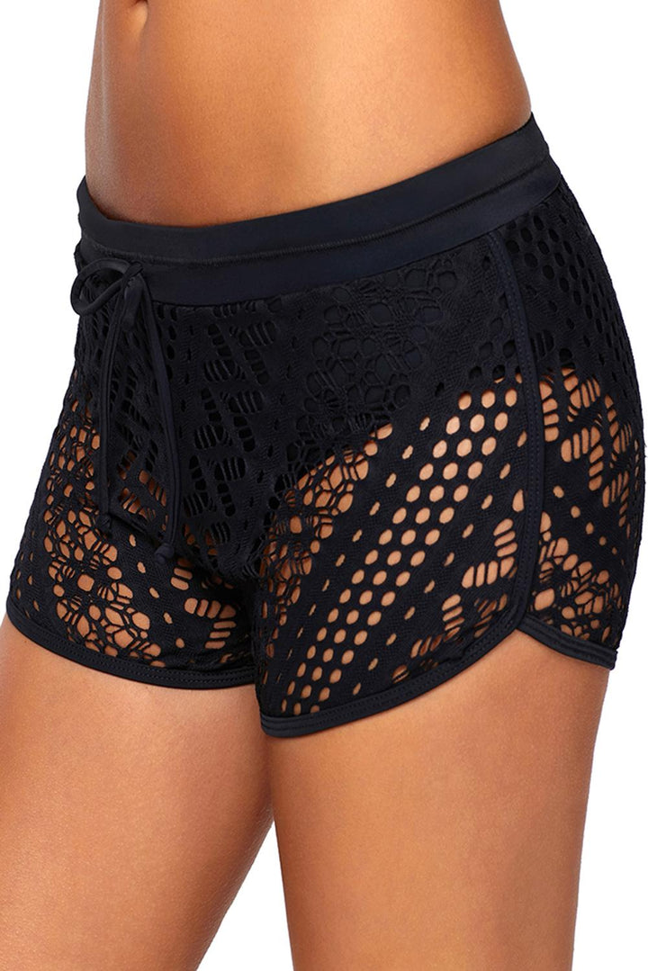 Black Crochet Lace Drawstring Beach Shorts