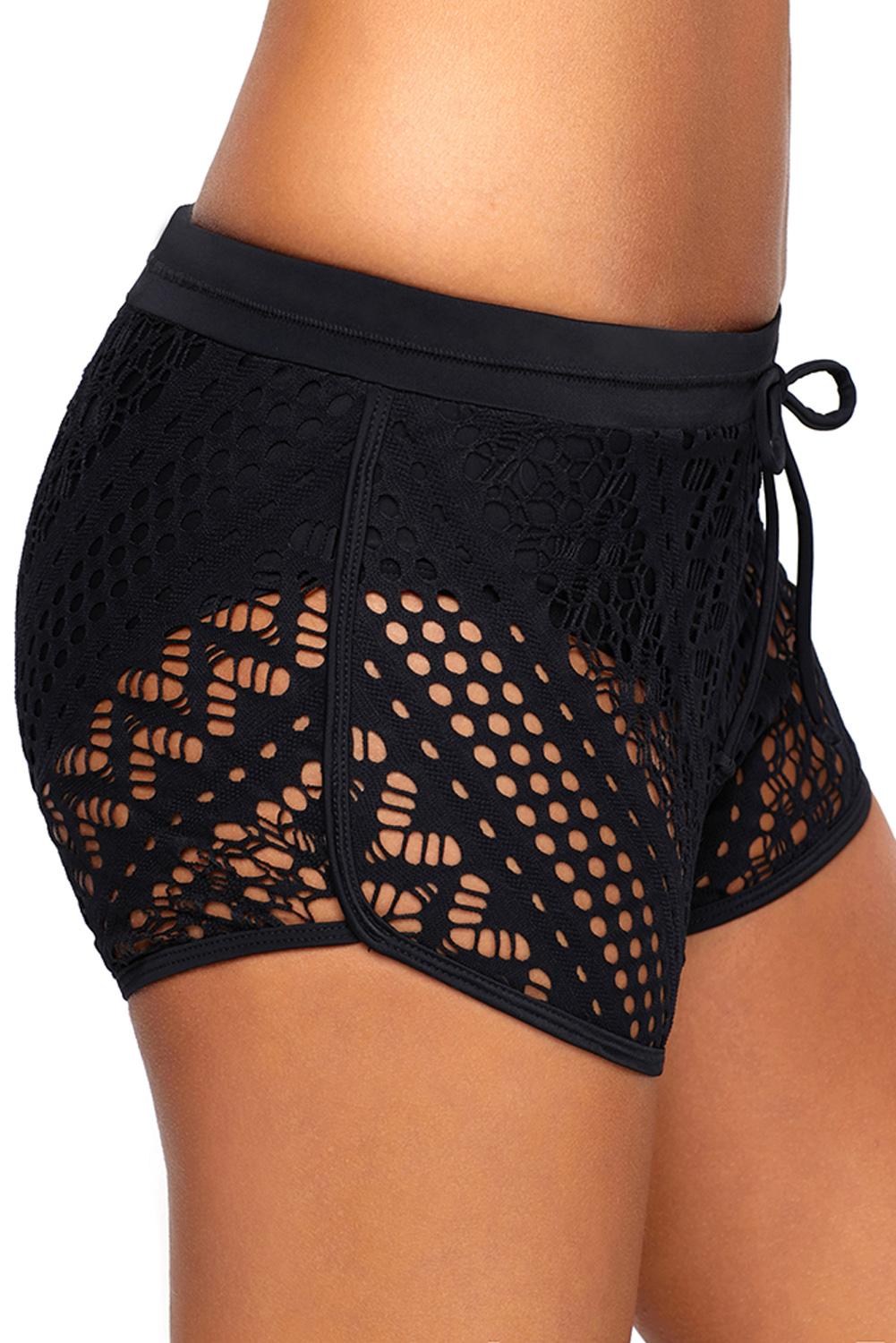 Black Crochet Lace Drawstring Beach Shorts