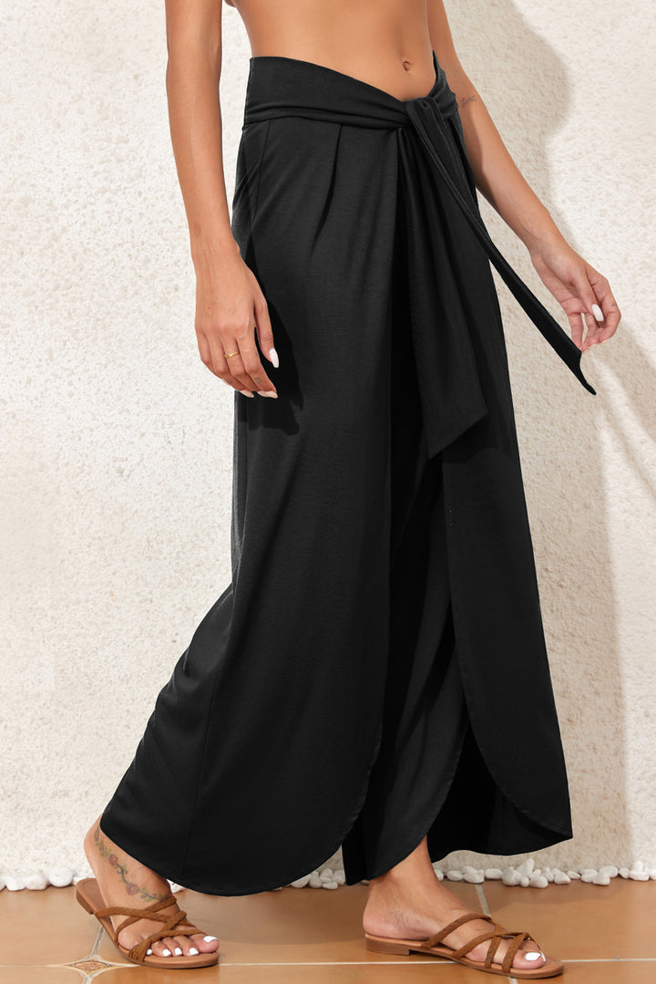 Black Knotted Drop Waist Split Leg Relaxed Pants