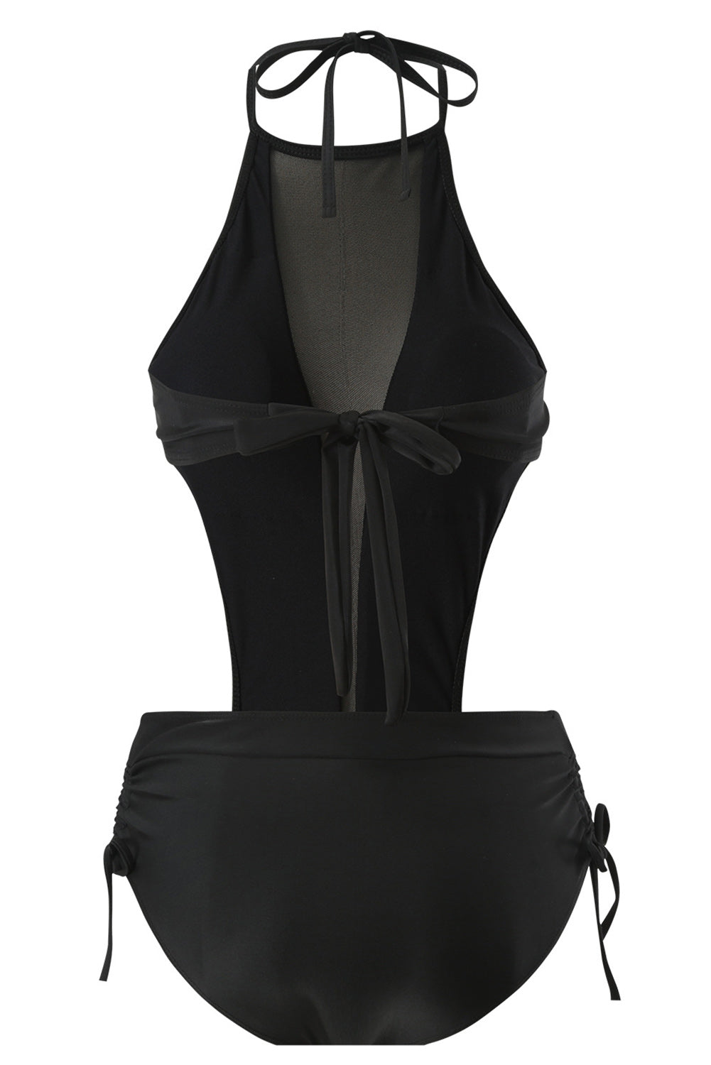 Black Mesh Cutout Ruched Drawstring Monokini Swimsuit