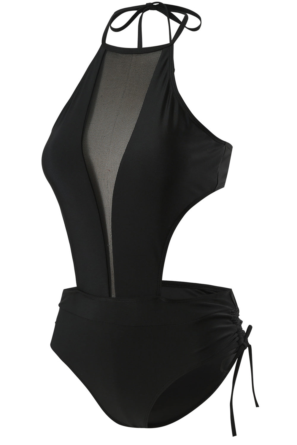 Black Mesh Cutout Ruched Drawstring Monokini Swimsuit