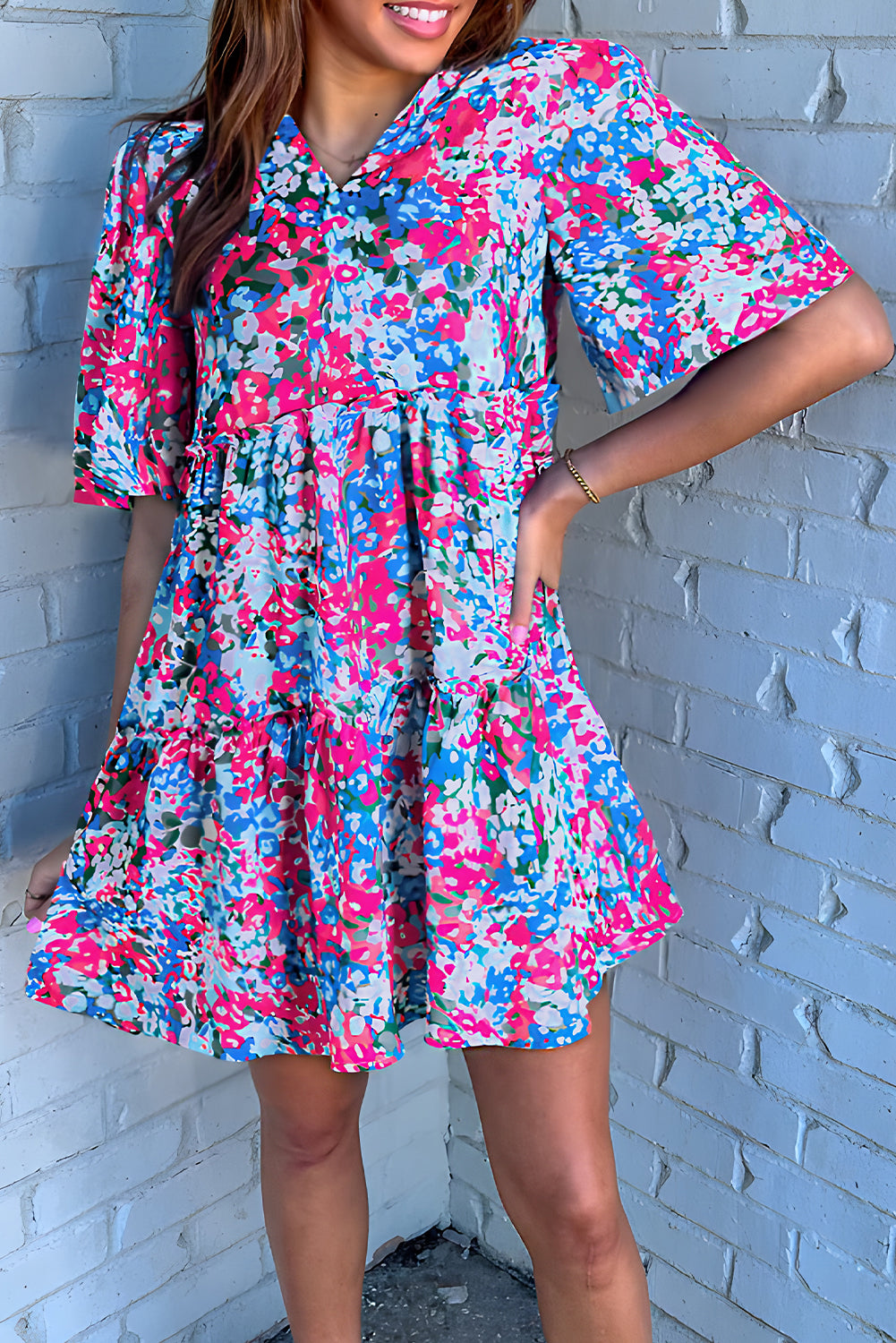 Multicolour Floral Short Sleeve V Neck Tiered Mini Dress | Women